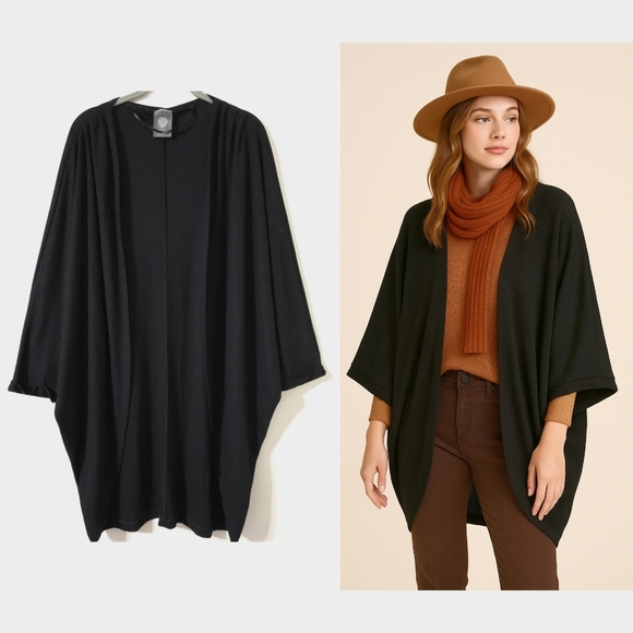 VINCE CAMUTO Black Rib Knit Open Front Long Line Kimono, Stretch, One Size - Picture 1 of 14